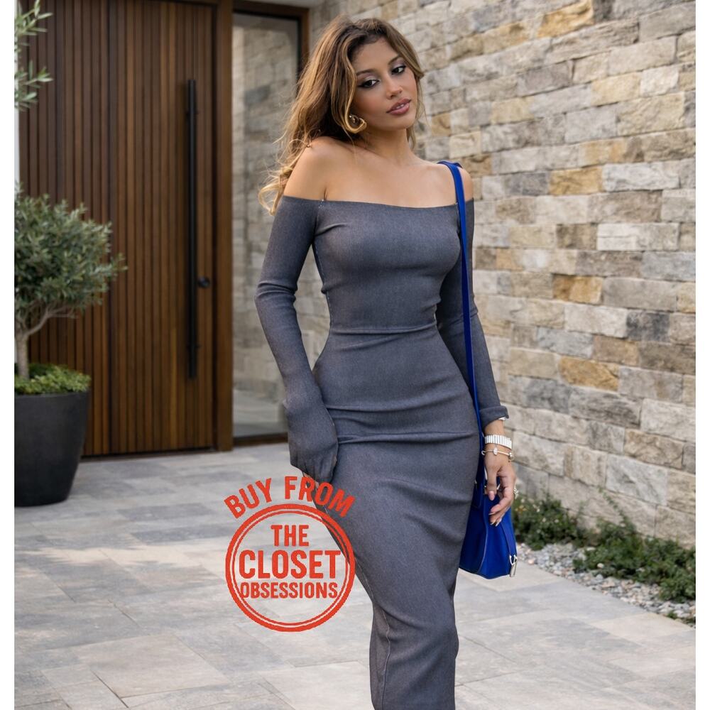 ZARA Off Shoulder Fitted Midi Dress NWT | Grey Ombre | Long Sleeve